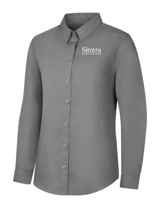 Womens Medium Grey Long Sleeve Carefree Poplin Shirt w/Simtra Logo
