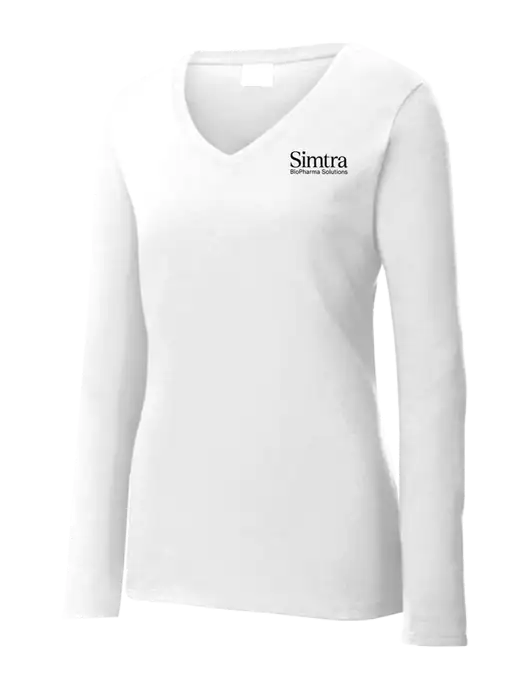 Womens  V-Neck Ring Spun White 4.5 oz Long Sleeve T-Shirt w/Simtra Logo